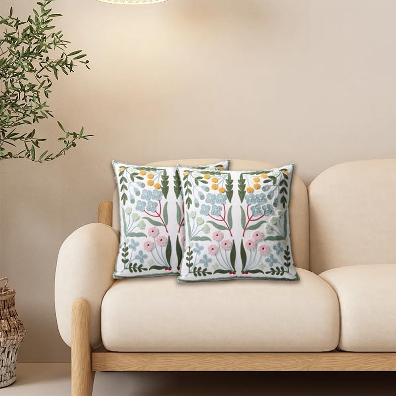 Pack of 2 Embroidered Decorative Throw Pillow Cover 18x18 Inch Farmhouse Flor...