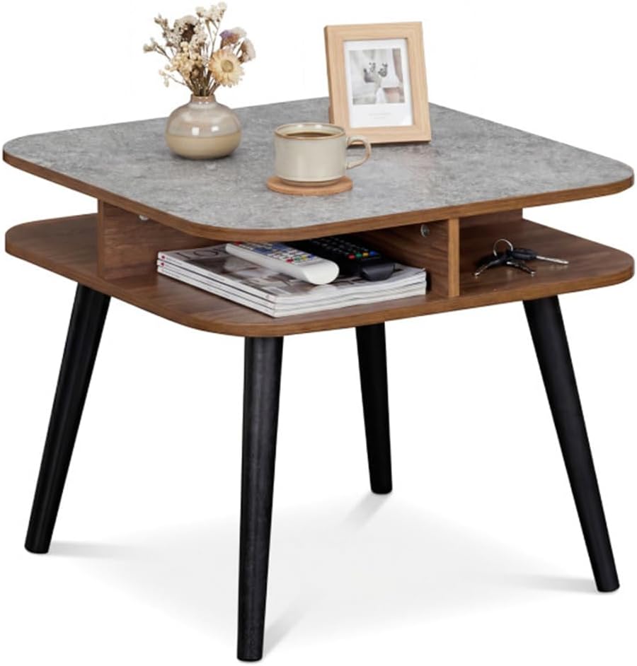 24" Square Faux Marble End Table with 4-Sided Storage Shelves | Nightsta...