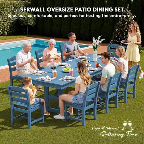 SERWALL 9Pcs 84" HDPE Outdoor Dining Set for 8 with Armless Chairs,Blue