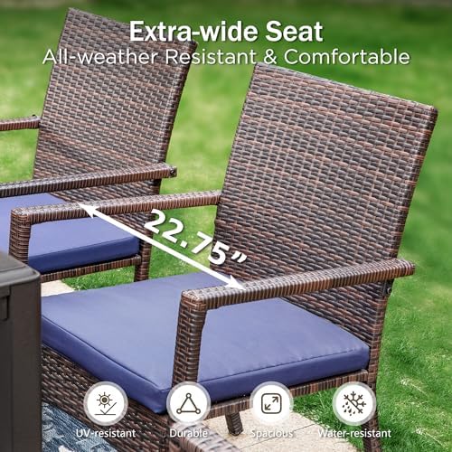 PHI VILLA 7-Piece Patio Set with 13ft Blue Umbrella, 6 Rattan Chairs