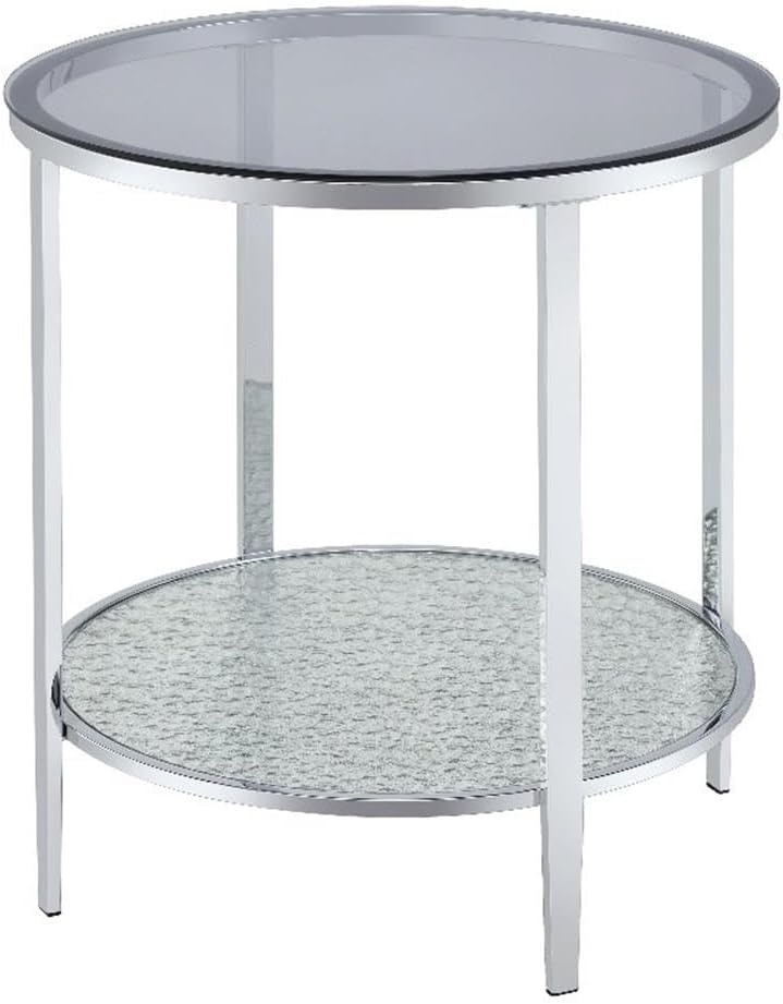 Pemberly Row Round Chrome and Tempered Glass End Table, Smoky Glass Top, Text...