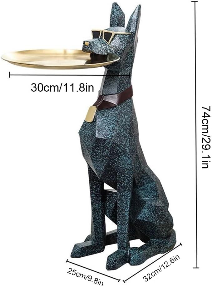 Modern Resin Doberman Sculpture Side Table with Metal Serving Tray, Corner Ta...