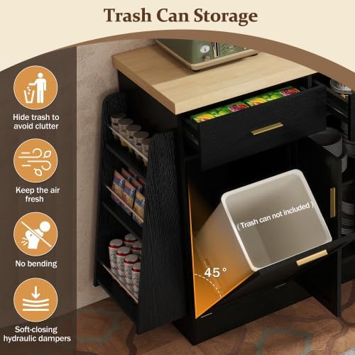 Rolling Kitchen Island with Trash Can Storage Sideboard, Black | Portable &am...
