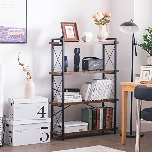 HCHQHS Bookshelf, 4-Tier Industrial Bookcase, Rustic Open Book Shelf, Freesta...