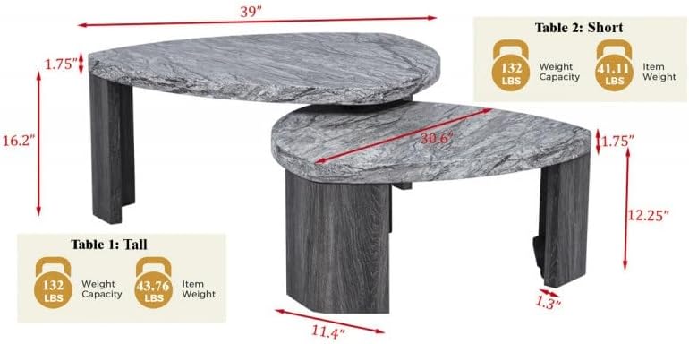 39" Durable Marble Laminate Nesting Coffee Table, Boo Coffee Table with ...