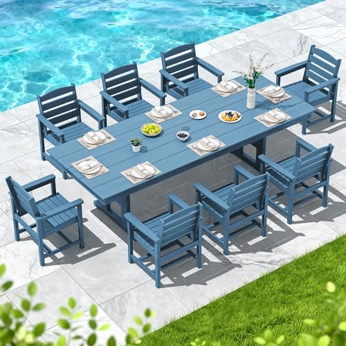 SERWALL 9Pcs 84" HDPE Outdoor Dining Set for 8 with Armchairs,Blue