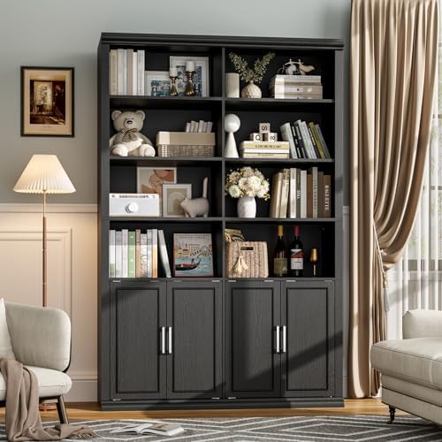 Rresyet 42" W x 72" H Double Bookcase with Doors, Black