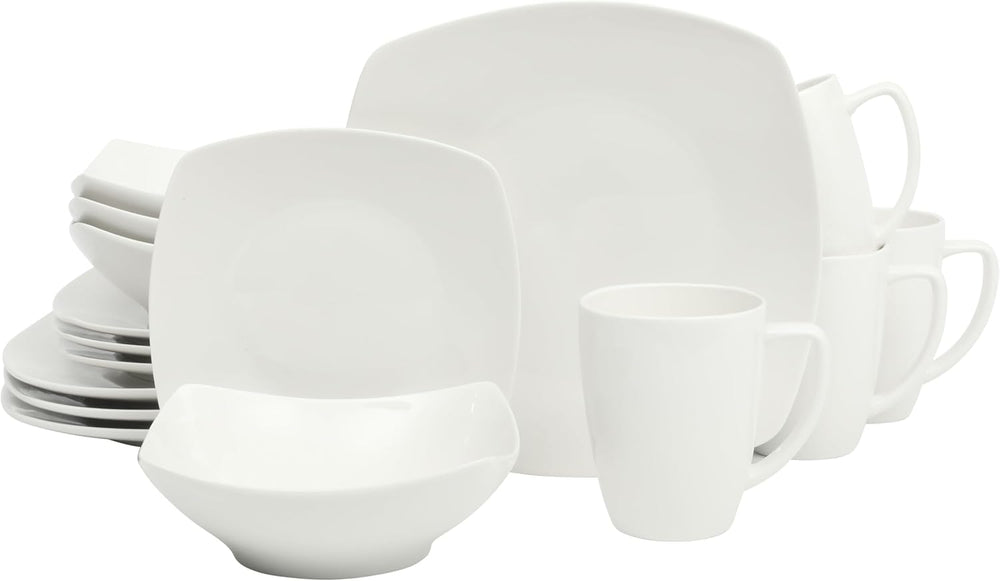 Gibson Home Zen Buffet White Porcelain Dinnerware Set for 4, Square Plates Bo...