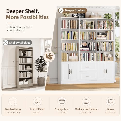 HOSTACK 71" Tall Triple Wide Bookshelf with Storage Drawers & Doors,...