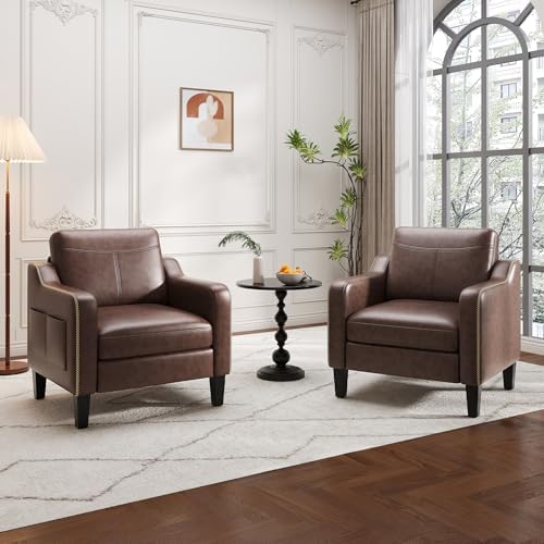 MALOL PU Leather Accent Chair Set of 2, Mid-Century Modern Living Room Armcha...