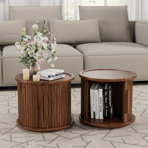 Round Coffee Table Set of 2, Nesting Side Table with Sliding Door Storage | R...