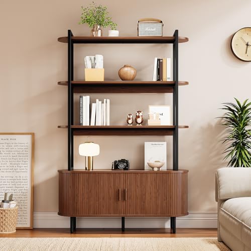 ComfyCorner 4 Tier Bookshelf with Cabinet, 71" Tall Display Bookcase Walnut