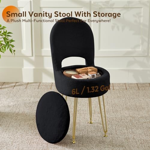 BRIAN & DANY Vanity Chair with Storage and Folding Back, Faux Fur Round S...
