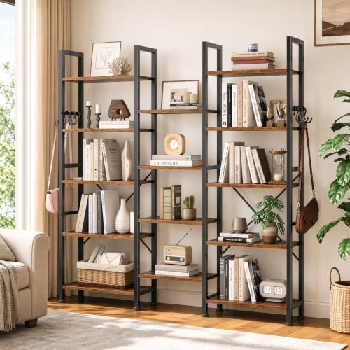 Furologee Triple 5 Tier Bookshelf with 14 Display Shelves, Rustic Brown