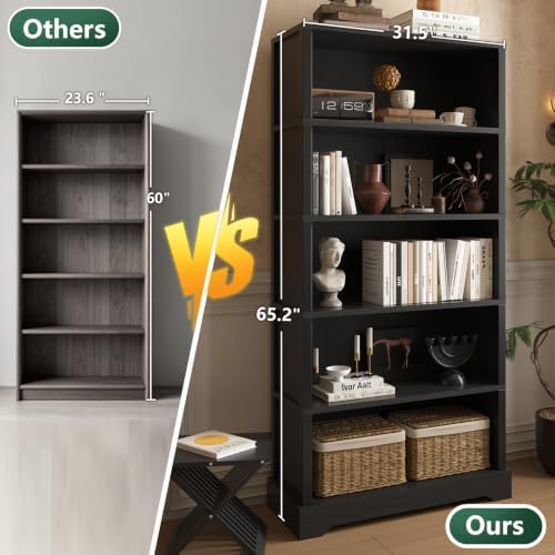 TVU 5 Tiers Wooden Bookshelf, 65.2" Tall Farmhouse Style Open Bookcase, ...