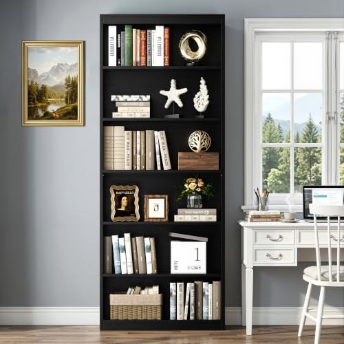 Shintenchi 6-Tier Bookshelf, Tall Bookcase & Display Storage Shelves, Black