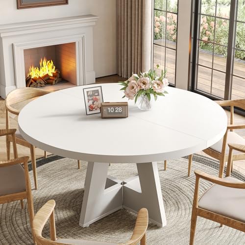 LITTLE TREE Round Dining Table for 4-6 People, 47 Inches White Circle Dinner ...
