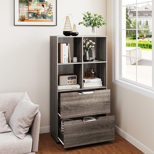 GIANTEX Bookshelf with 4 Cubes & 2 Drawers, 51” Tall Floor Bookcase with ...