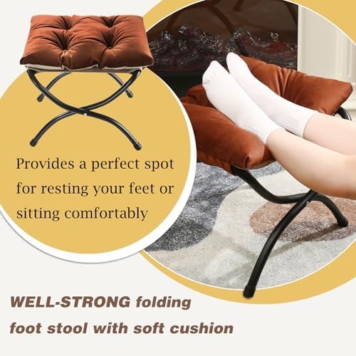 15" Upholstered Folding Foot Rest Stool with Foldable Metal Frame Brown ...