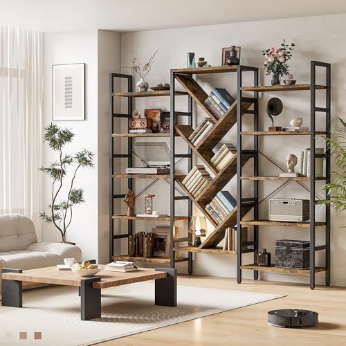 INNOD 70x70 Triple 5 Tier Book Shelf, Large Wooden Bookcase with 17 Open Disp...