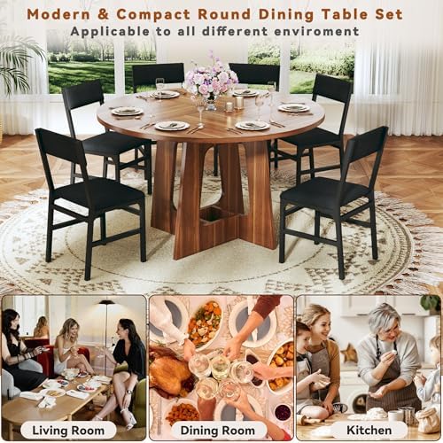 HUAHUU Round Dining Table Set for 6, 7-Piece Kitchen Table and Chairs for 6, ...