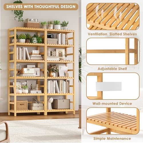 FOTOSOK 6-Tier Bamboo Shelf with Adjustable Shelves, Bamboo Kitchen Cabinet