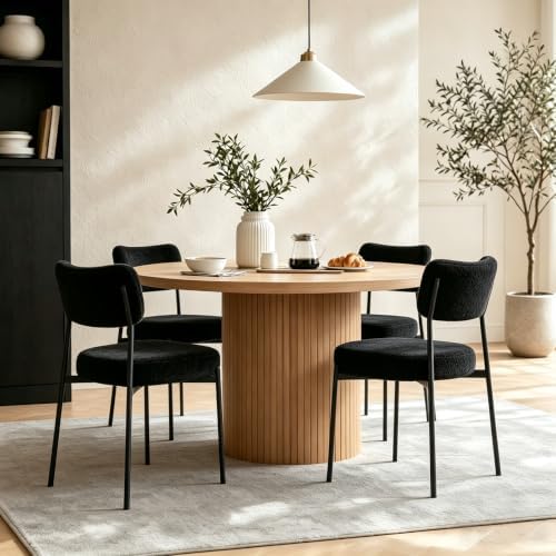 Black Dining Chairs Set of 4, Mid Century Modern Boucle Upholstered Kitchen C...