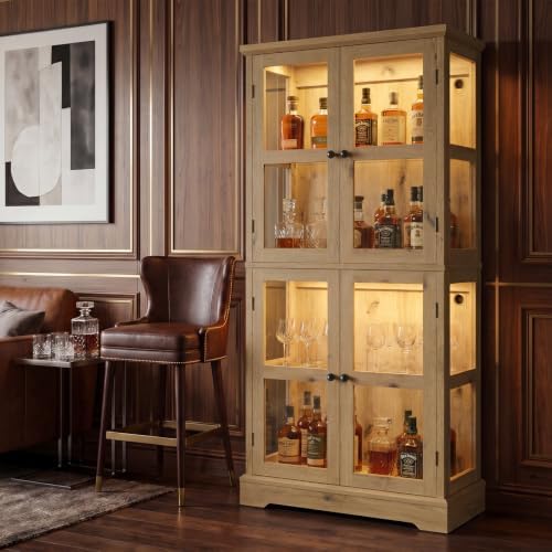 68" Tall Glass Display Cabinet with RGB LED Lights, Yellow Oak | 4-Tier ...