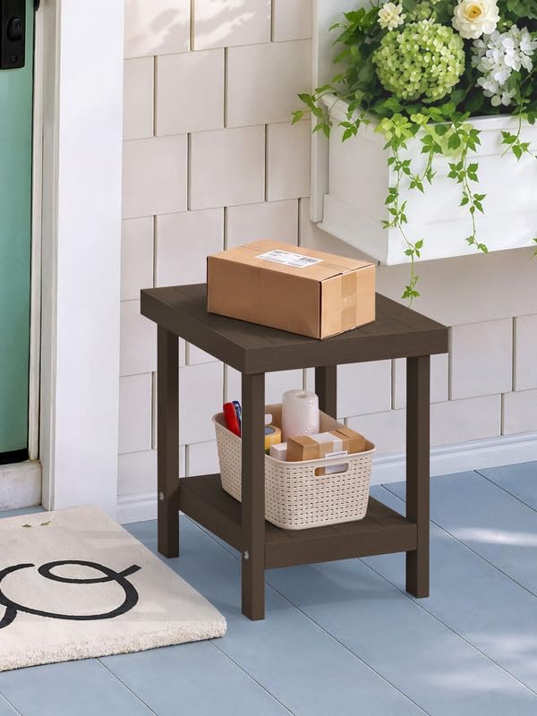 HDPS Small Outdoor Side Table, 2 Tier Patio Table with Storage Shelf, Brown