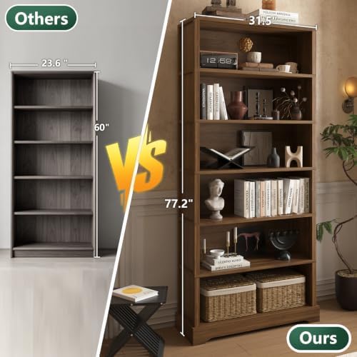 TVU 6 Tiers Wooden Bookshelf, 77.2" Tall Farmhouse Style Open Bookcase, ...