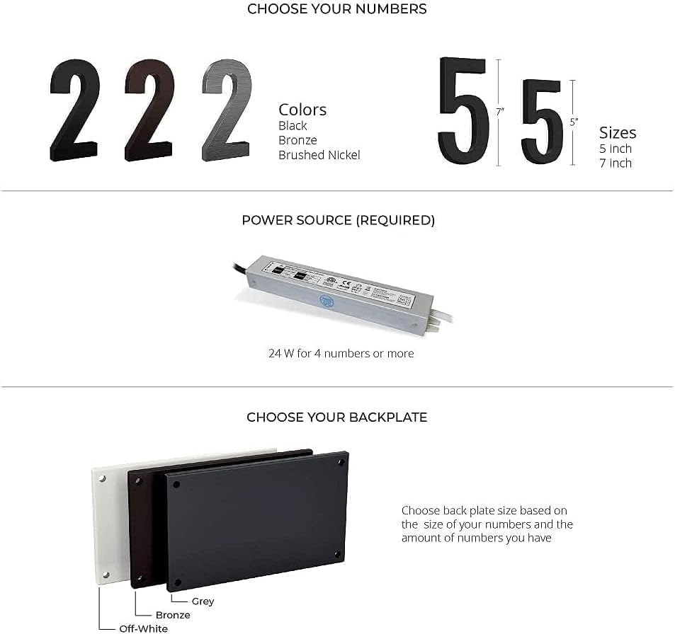 7 Inch Backlit LED House Number, ABS Polymer, 2700K Warm Light (5, Black)