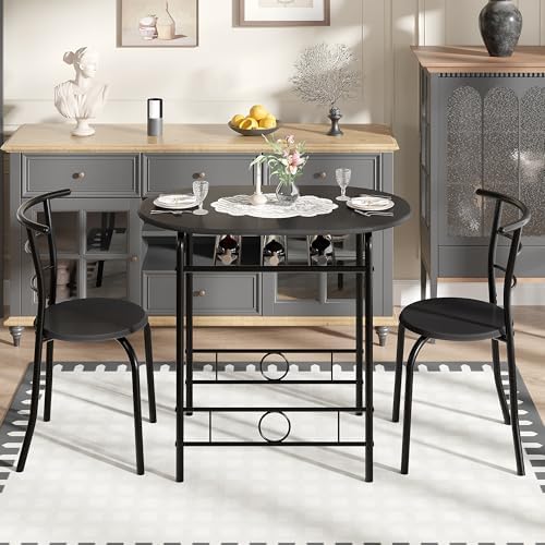 VECELO 3-Piece Dining Table Set for Kitchen Breakfast Nook, Wood Grain Oval T...