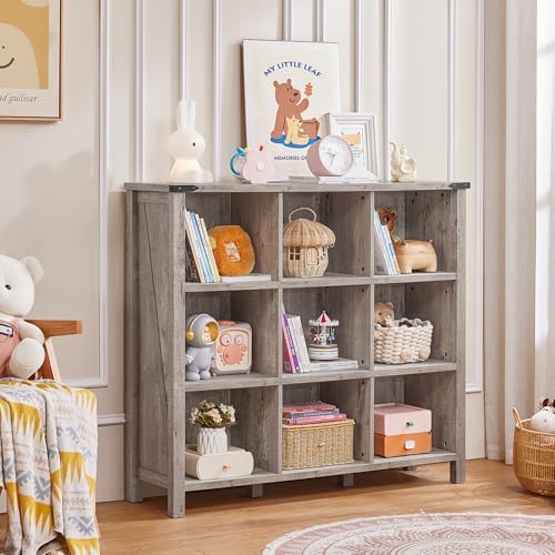 Joaxswe 9 Cube Bookcase, Farmhouse 47 Inch Wide Grey Oak Bookshelf, Wooden 3 ...