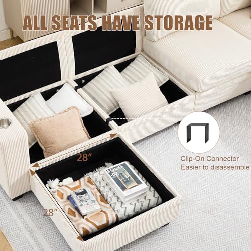 97" Modular Sectional Couch with Storage, Corduroy 3-Seater L Shaped Sof...