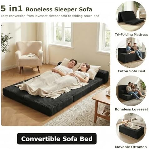 5-in-1 Convertible Sofa Bed, Couch Loveseat with Removable Cushions & Was...