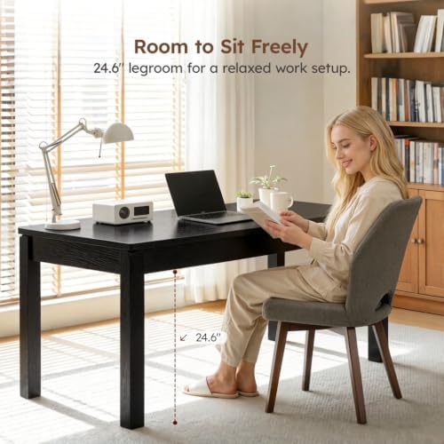 Black Dining Table for 6, Farmhouse Rectangular Kitchen Table, Wood