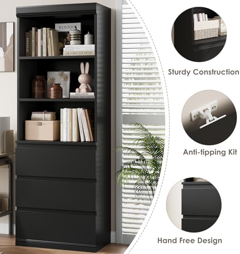 IDEALHOUSE 70" Tall Bookcase with Drawers, Open Book Shelves Library Boo...