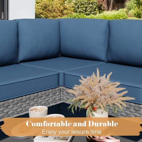 Vongrasig 5 Pieces Patio Furniture Set with Cushion, Glass Table, Navy Blue