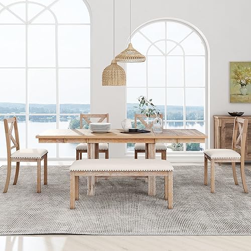 Merax Dining Table Set for 6, 82“ Extendable Dining Table with Footrest, 4 Up...