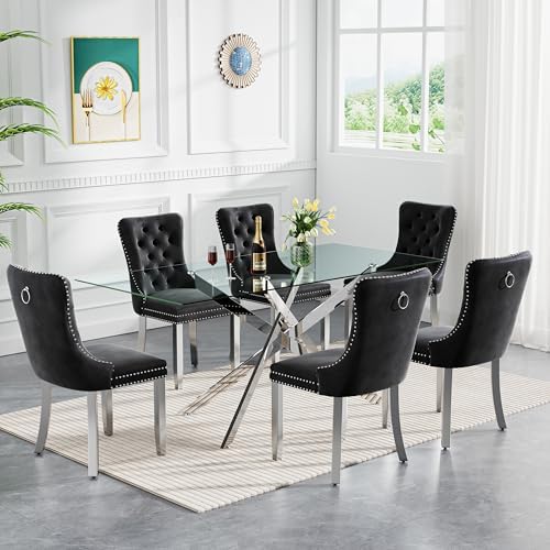 7 Piece Glass Dining Table Set Modern Glass Dining Table Set for 6, 61" ...