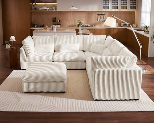 115" Oversize Corduroy Modular Sectional Sofa Couches for Living Room,Wh...