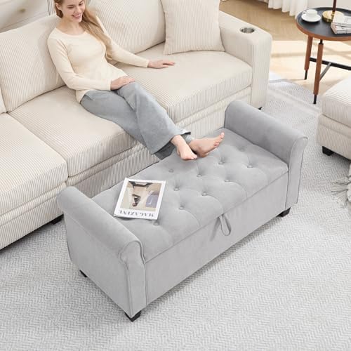 49" End of Bed Storage Bench for Bedroom, Upholstered Storage Ottoman | ...
