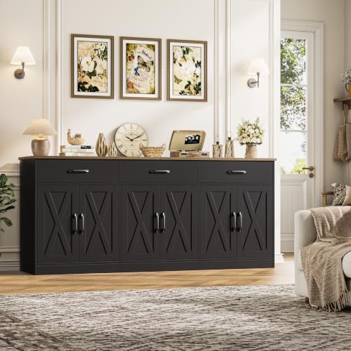 HOSTACK 71"W Farmhouse Kitchen Sideboard Buffet Cabinet with Storage, Black