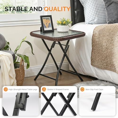 VINGLI 18in Modern Brown Rattan Folding Glass Outdoor Side Table, Small Patio...