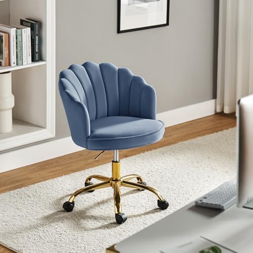 HULALA HOME Velvet Home Office Desk Chair with Gold Base, Slate-Blue | Adjust...