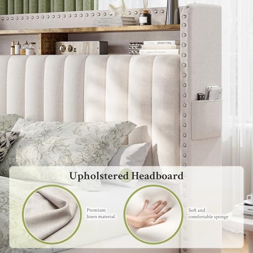 EnHomee King Size Bed Frame with 2 Drawer & 2-Tier Storage Headboard Shelf