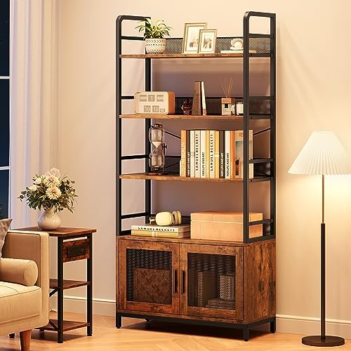 GarveeHome Bookshelf with Doors Industrial Bookcase with 4 Tiers Open Storage...