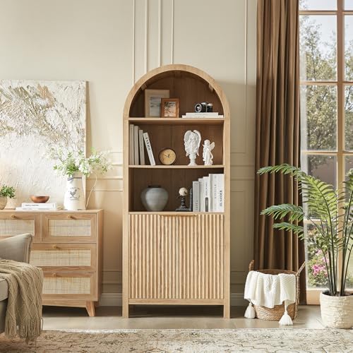 Arched Cabinet Bookshelf Bookcase - 71” Tall Mid Century Arched Display Cabin...