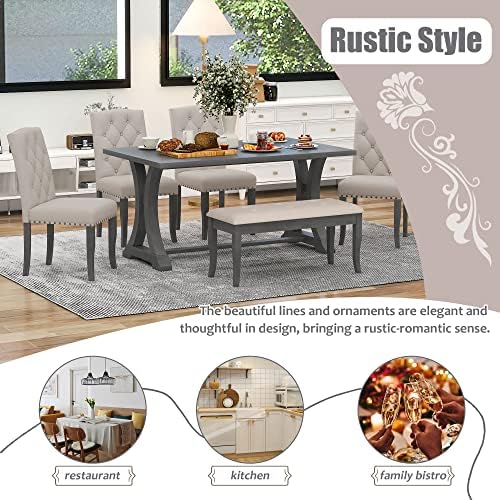 Merax 6-Piece Kitchen Dining Table Set, Farmhouse Dining Table Set with Recta...