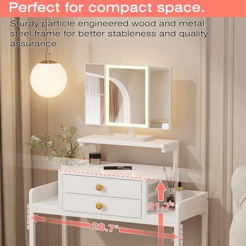 HIGDBFE Vanity Desk with Mirror and Lights 28.4''W Small Makeup Vanit...
